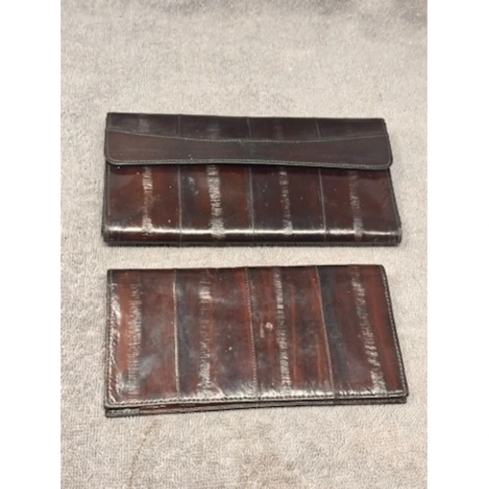 Vintage Genuine Eel Skin Leather Women's Long Wallet Clutch Dark Brown